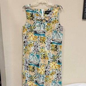 Sag Harbor Shift Dress Tropical And Nautical Print Zip Up Round Neck Size 12